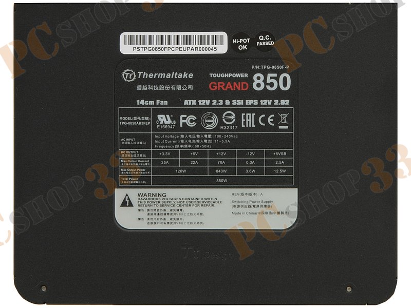 Блок питания 850Вт Thermaltake Toughpower Grand Platinum 850W TPG-0850F-P ATX12V V2.3 (24+4/8+6/8+8pin, вентилятор d140мм) + кабель питания EURO (1.5м)