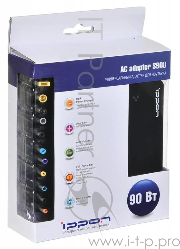 Блок питания Ippon S90U автоматический 90W 15V-19.5V 8-connectors 5A 1xUSB 2.1A от бытовой электросети LED индикатор