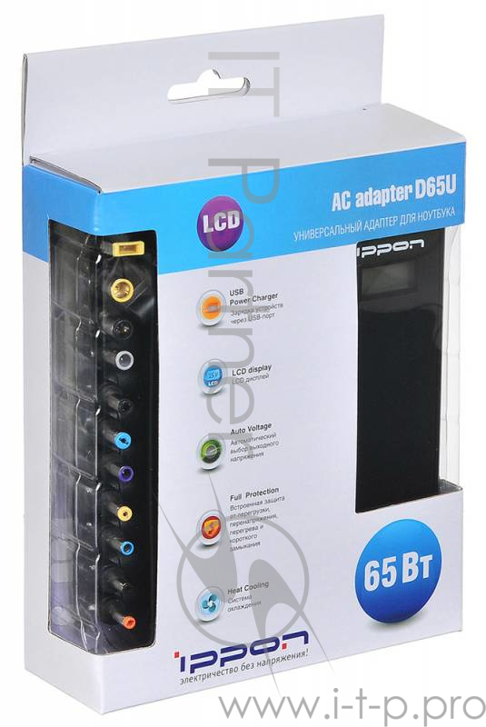 Блок питания Ippon D65U автоматический 65W 15V-19.5V 8-connectors 1.5A 1xUSB 2.1A от бытовой электросети LСD индикатор
