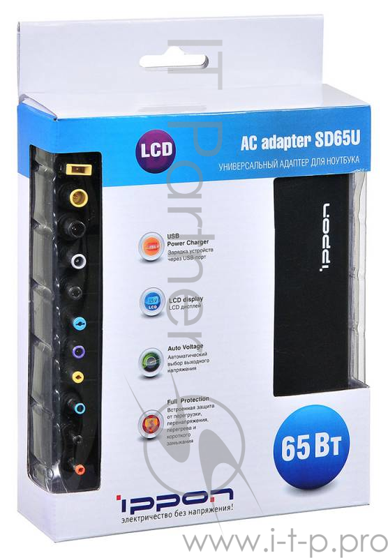Блок питания Ippon SD65U автоматический 65W 15V-19.5V 8-connectors 1xUSB 2.1A от бытовой электросети LСD индикатор