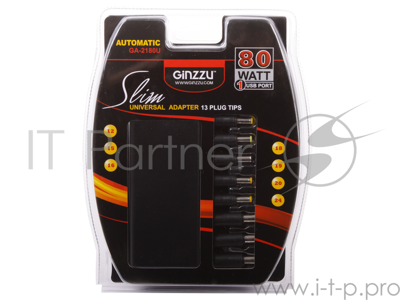 Универсальный адаптер питания для ноутбуков GiNZZU® GA-2180U (ультраслим, 80W, 1xUSB, 12V-24V, 13 DC-IN)