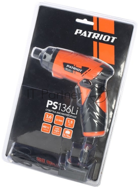 Отвертка акк. PATRIOT PS 136Li Li-Ion, 3.6 В/1,5 Ач, Реверс, 200 об/мин, 3,5 Нм, патрон: НЕХ 1/4