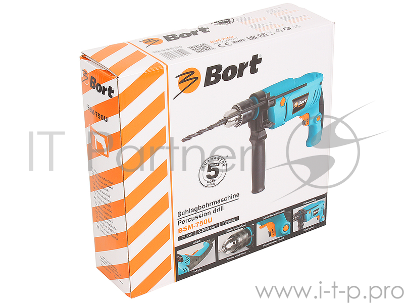 Дрель ударная Bort BSM-750U (мощность 750 Вт ? патрона 13 мм скорость вращения 0-3 000 об/мин набор аксессуаров 4 шт)