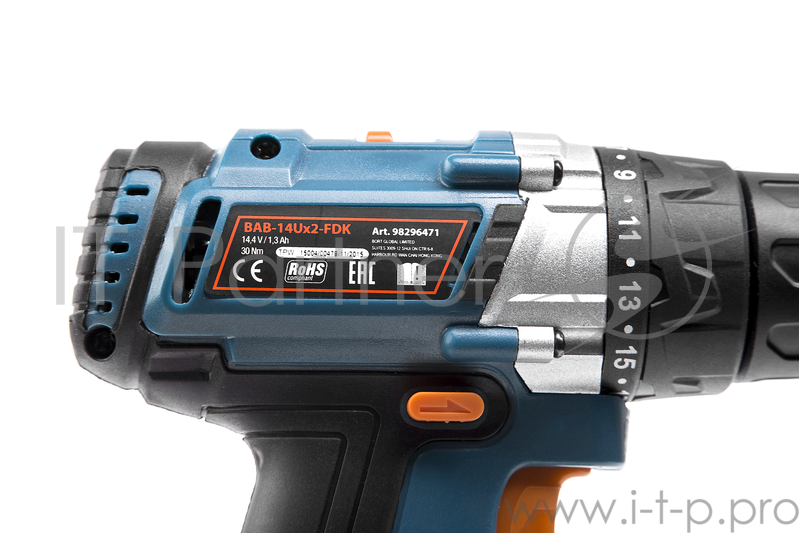 Дрель-шуруповерт безударная BORT BAB-14UX2-FDK (Напряжение 14,4 В, энергоемкость 1,3 Ач, Скорость холостого хода 0-350-1300 об/мин, крутящий момент 30 Нм, акк. батарея 2шт, зарядка 0-1 ч, кейс, вес 1,5 кг. Подсветка рабочей зоны,индикатор зарядки,рев