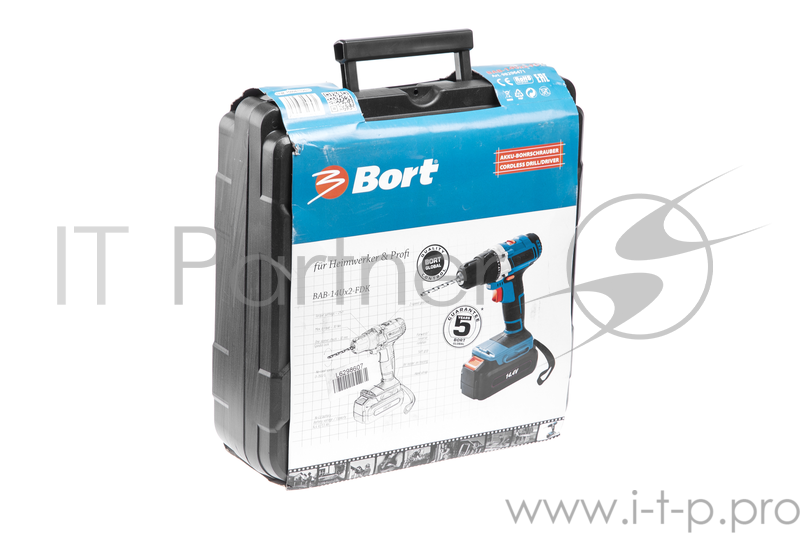 Дрель-шуруповерт безударная BORT BAB-14UX2-FDK (Напряжение 14,4 В, энергоемкость 1,3 Ач, Скорость холостого хода 0-350-1300 об/мин, крутящий момент 30 Нм, акк. батарея 2шт, зарядка 0-1 ч, кейс, вес 1,5 кг. Подсветка рабочей зоны,индикатор зарядки,рев