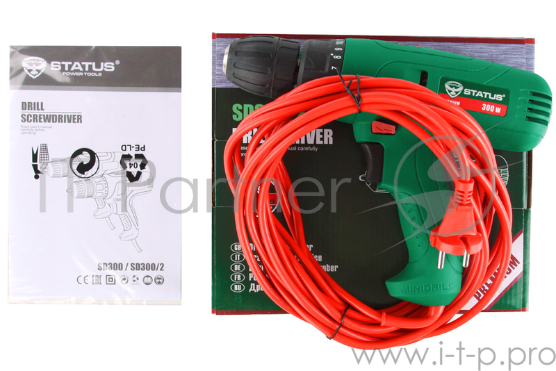 Дрель-шуруповерт STATUS SD300 300Вт 0-800об/мин реверс 20 позиций момента кабель красный 6 м.