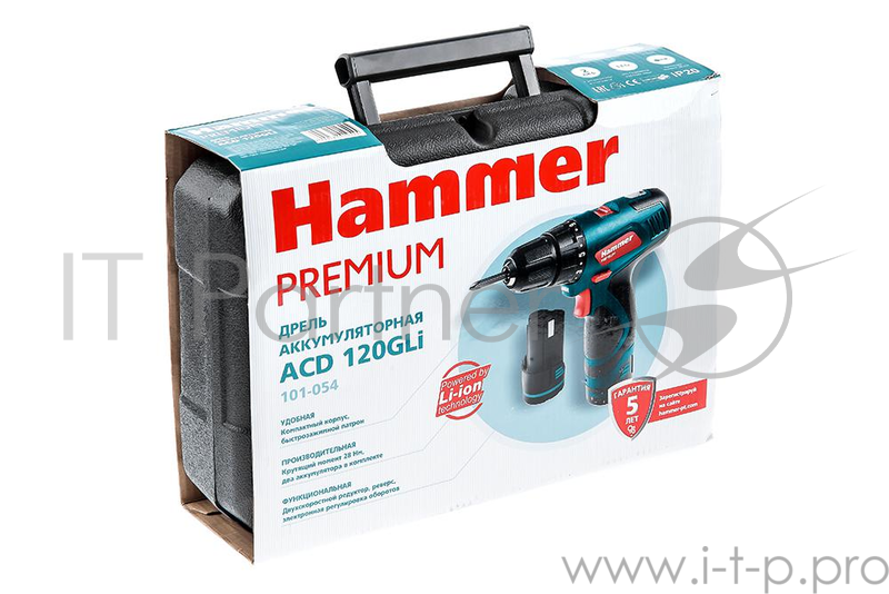 Аккум.дрель HAMMER ACD120GLi PREMIUM 12.0В 2x1.3Ач 10мм 0-350/0-1100об/мин 28Нм зар.1ч
