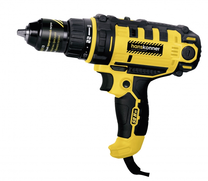 Дрель шуруповерт HANSKONNER HID2145P 2 скор, метал.патрон 13 мм, 23+1, 35 НМ, резин. кабель 4М
