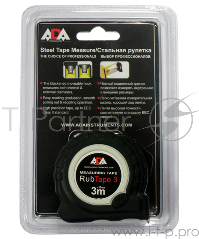 Рулетка ADA RubTape 3 сталь, с двумя стопами, 3 м