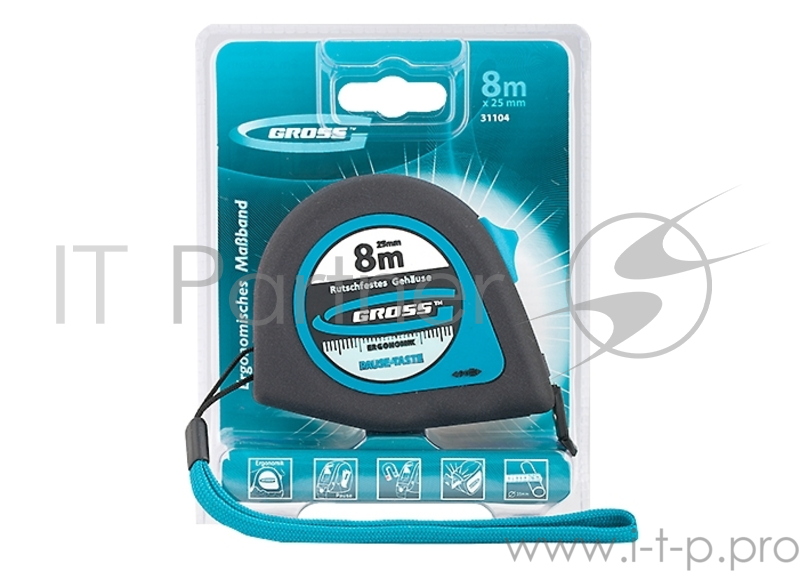 Рулетка GROSS 31104 ergonomisch 8м x 25мм магнитный обрезиненный зацеп