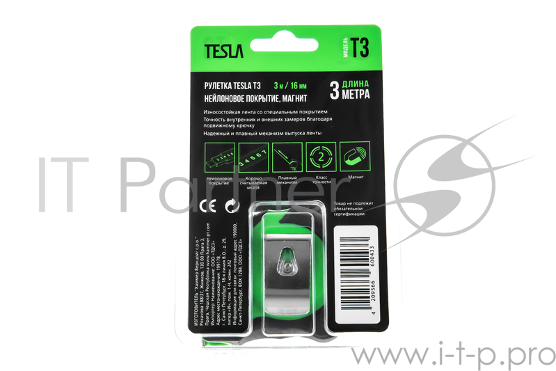 Рулетка Tesla T-3 3м/16мм, нейлоновое покрытие, магнит