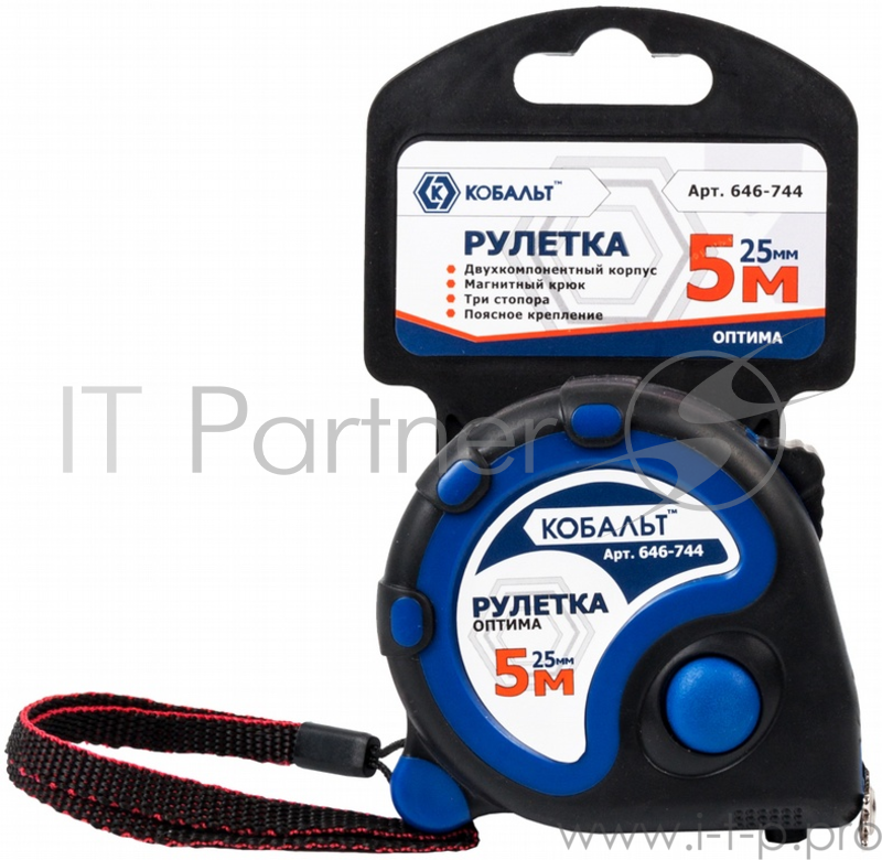 Рулетка КОБАЛЬТ 646-744 Оптима 5мx25мм двухкомпонентный корпус тройной стопор, магн. крючок, матов.