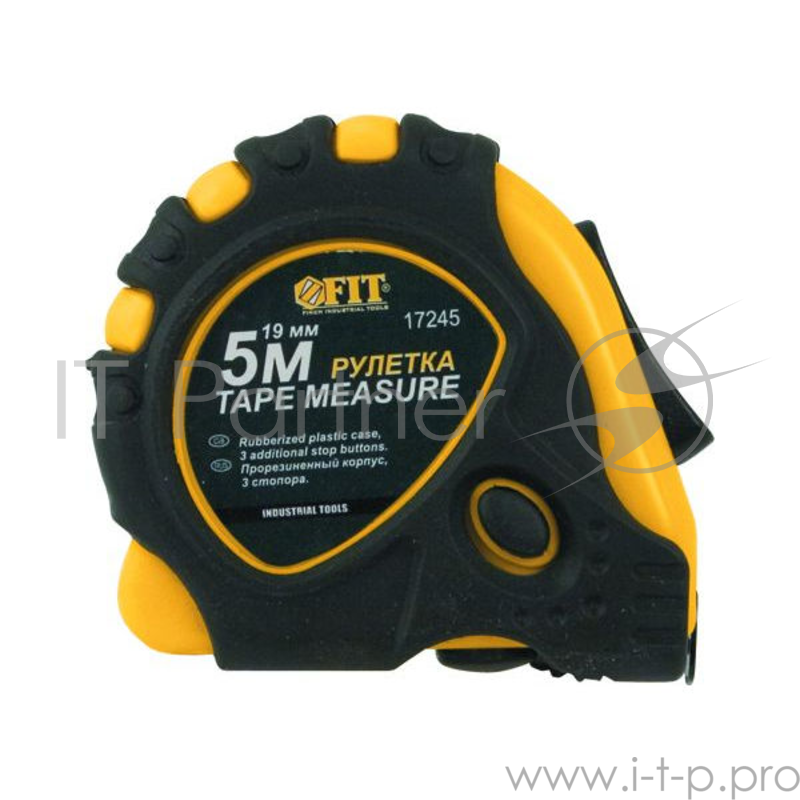 Рулетка FIT 17245 желто-черный прорезиненный корпус, тройной стопор, 5м (19мм), калиб. Лента