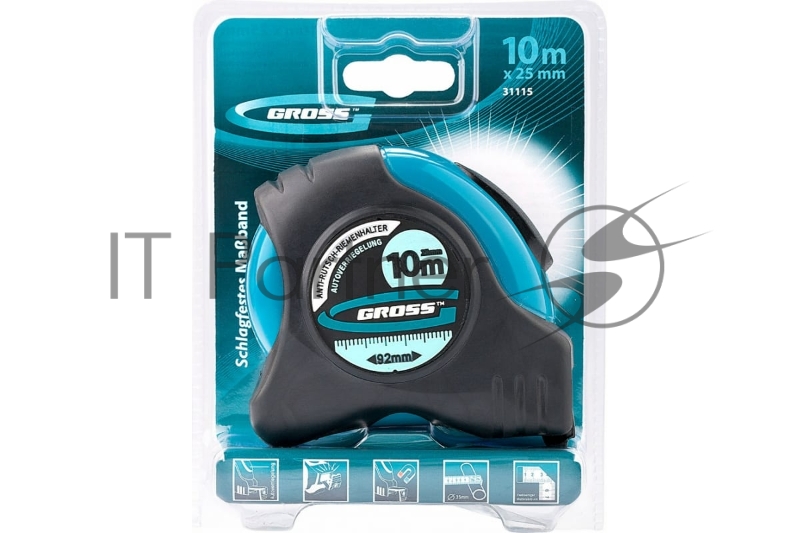 Рулетка GROSS 31115 schlagfest 10м x 25мм магн. обрез зацеп двухст. шкала автоматич. фиксация