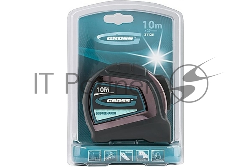 Рулетка GROSS 31126 ''doppelhaken'' 10м x 25мм двухсторонний зацеп нейлон двуст. шкала автоматич