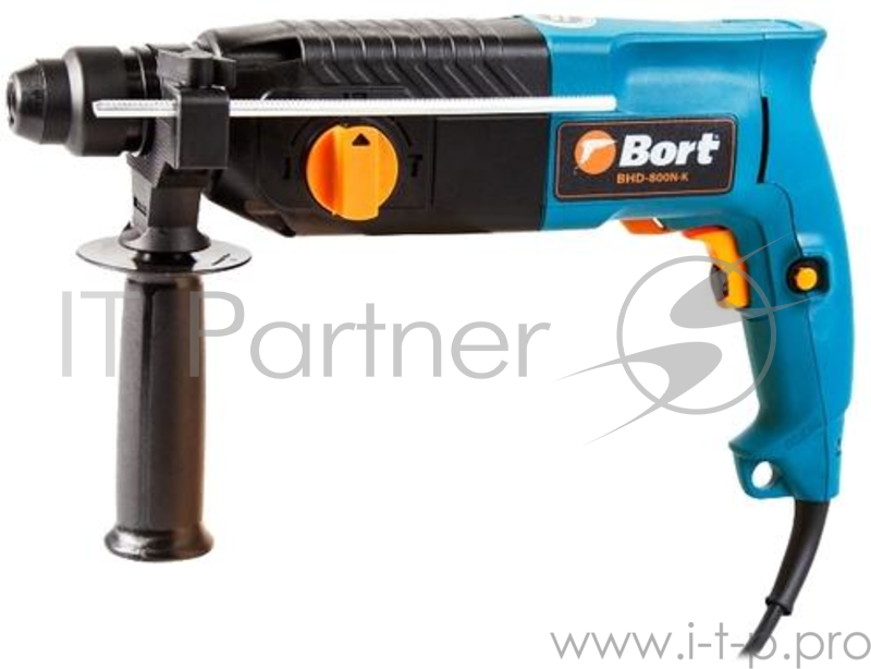 перфоратор BORT BHD-800N-K Потребляемая мощность 800 Вт, Диаметр сверления: дерево 30 мм, Тип патрона SDS+, Диаметр сверления: металл 13 мм, Вес изделияг 2,85 кг, реверс, Энергия удара 3 Дж, плавный пуск, Тип расположения двигателя Горизонтальный, по