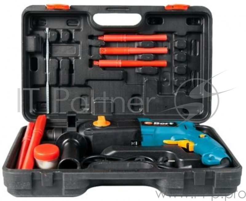 перфоратор BORT BHD-800N-K Потребляемая мощность 800 Вт, Диаметр сверления: дерево 30 мм, Тип патрона SDS+, Диаметр сверления: металл 13 мм, Вес изделияг 2,85 кг, реверс, Энергия удара 3 Дж, плавный пуск, Тип расположения двигателя Горизонтальный, по