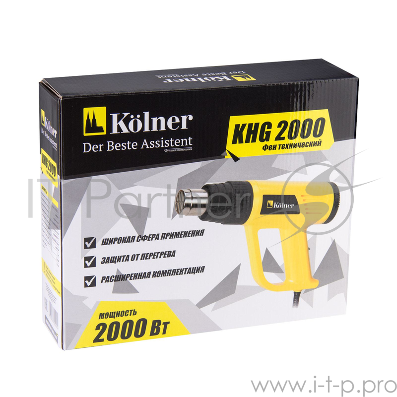 Фен технический Kolner KHG 2000 (10 шт) 2000 Вт, производительность 150/300/500 л/мин, температурные режимы 25/250/500 градусов, 4 насадки