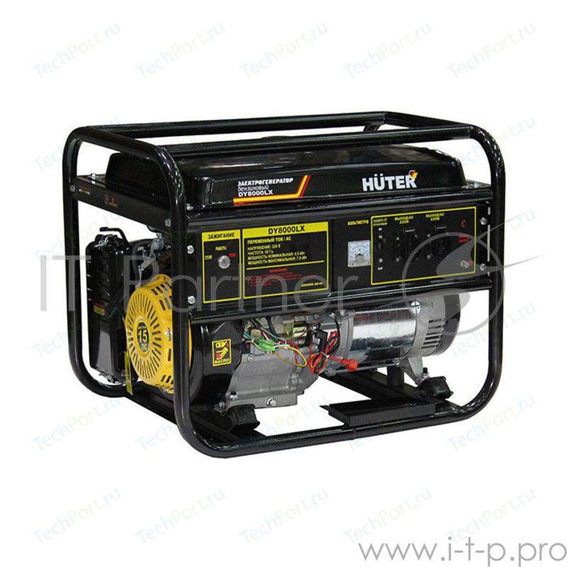 Генератор Huter DY8000LX 64/1/19 Электрогенератор { четырехтактный, 6500Вт,220В/50Гц, 91Дб,принудит охлаждение, бак 25 л,расход бенз 374 г/кВтч,расход масла 6,8 г/кВтч, габариты790х560х590 вес 79.5кг}