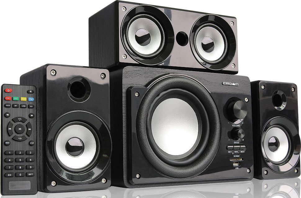 Колонки Акустическая система 3.1 CROWN CMBS-390 (МДФ, Bluetooth, 15W+8W*3=39W приёмник FM картридер интерфейс USB IR пульт, дополнительная фронтальная колонка)