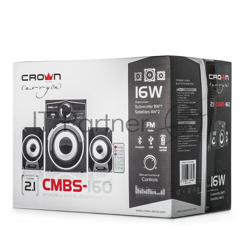 Колонки Акустическая система 2.1 CROWN CMBS-160 (МДФ, Bluetooth, 8W+4W*2=16W приёмник FM картридер интерфейс USB IR пульт)