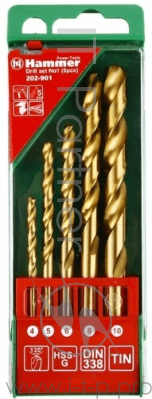 Буры,сверла,долото Набор сверл Hammer Flex 202-901 DR set No1 (5pcs) 4-10mm металл, 5шт. 30782