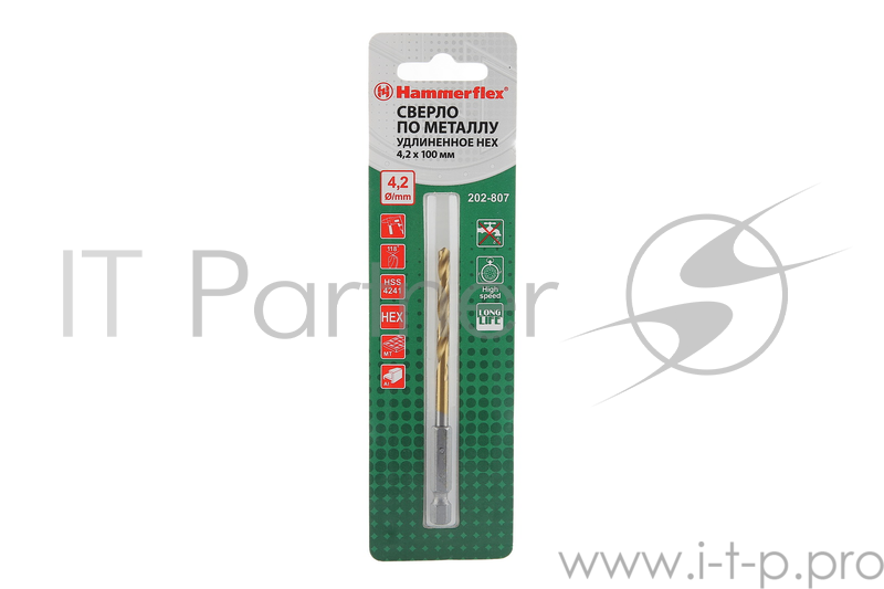 Сверло Hammerflex 202-807 DR MT 4,2мм*100 тип хвостовика - HEX, металл, HSS-4241, TIN