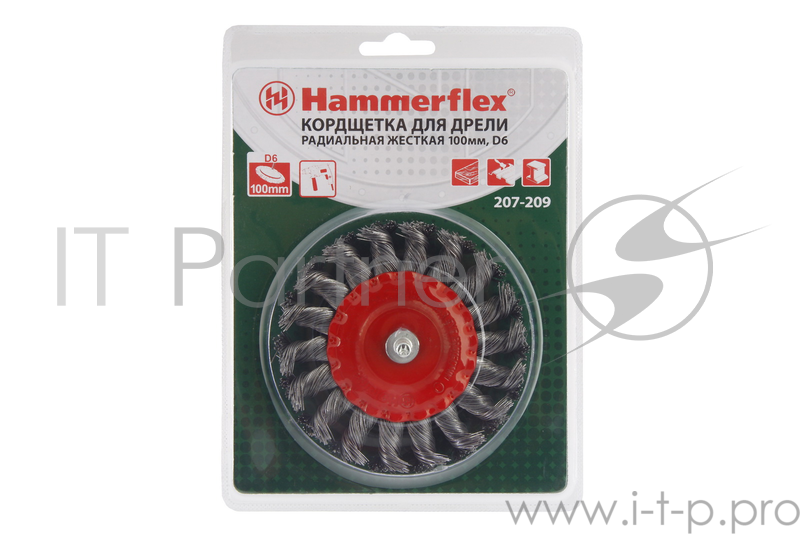 Кордщетка Hammerflex 207-209 100мм d6 радиальная витая жесткая, с хвостовиком