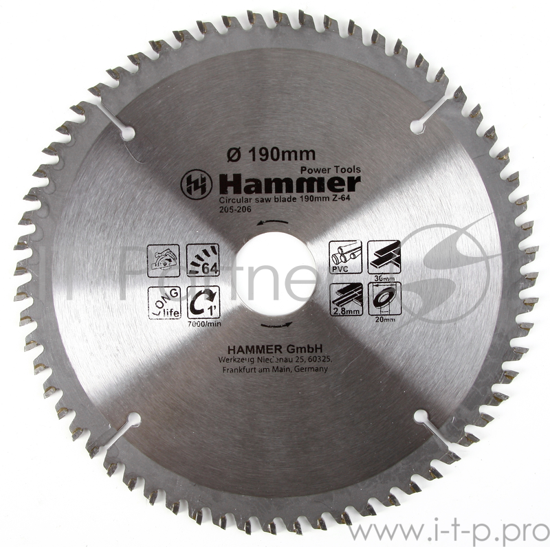 Диск пильный Hammerflex 205-206 CSB PL 190мм*64*30/20мм по ламинату