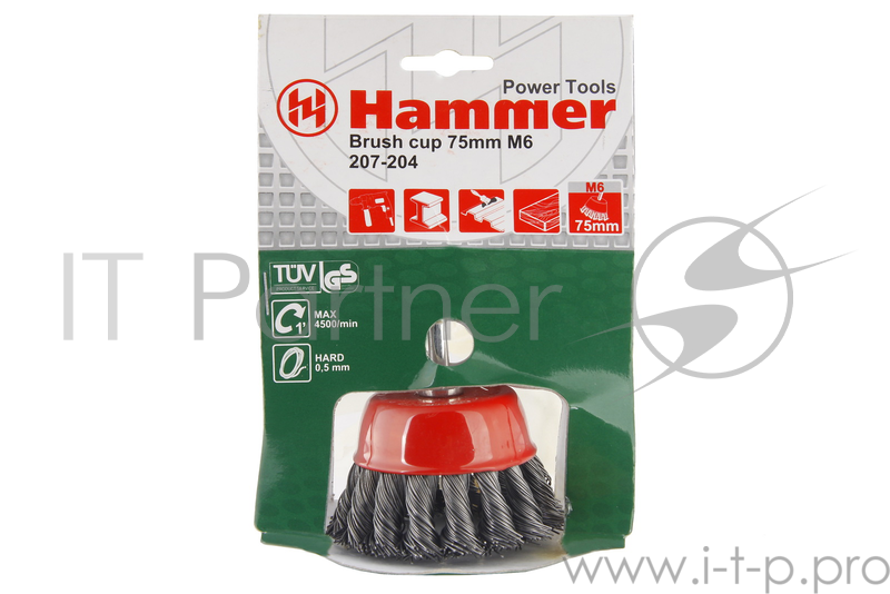 Кордщетка Hammerflex 207-204 75мм d6 чашеобразная витая жесткая, с хвостовиком