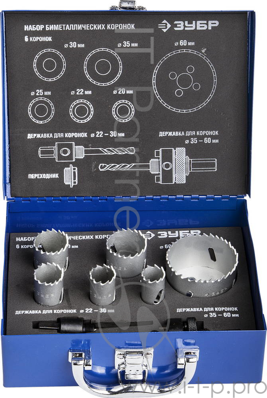 Набор коронок ЗУБР 29531-H6-1 ЭКСПЕРТ бимет глуб.до 38мм d20.22 25.30 35.60мм