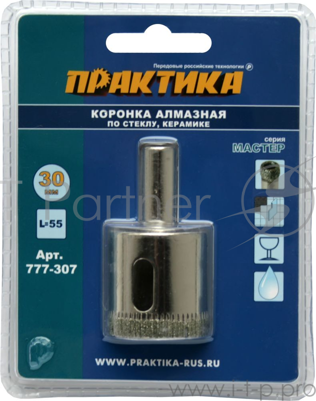Коронка алм. ПРАКТИКА 777-307 30мм, 1шт., по стеклу и керамике