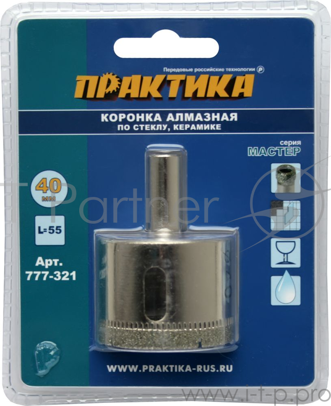 Коронка алм. ПРАКТИКА 777-321 40мм, 1шт., по стеклу и керамике