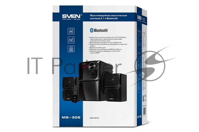 Колонки SVEN MS-305 черный { акуст. система 2.1, FM-тюнер, USB/SD, дисплей, ПДУ, Bluetooth, мощн. 20 Вт+2х10 Вт, чёрн}