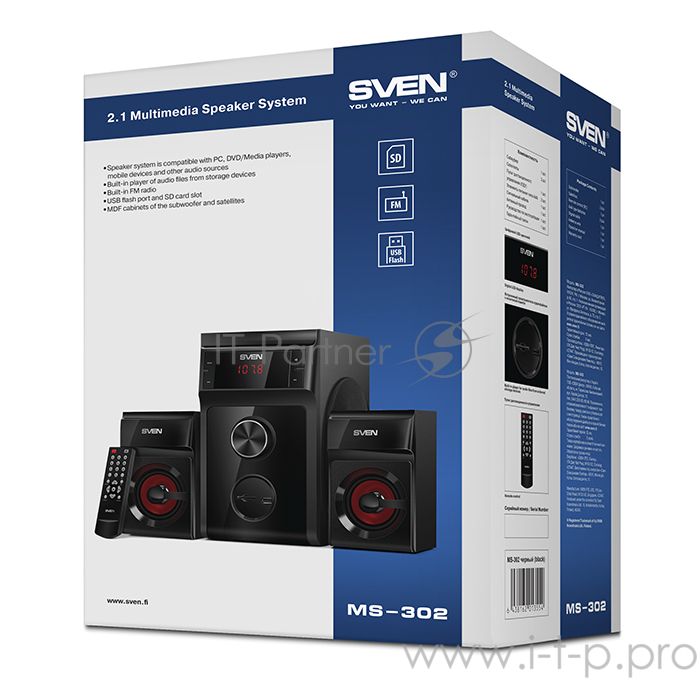 Колонки SVEN (AC) MS-302, черный (40 Вт, FM-тюнер, USB/SD, дисплей, ПДУ)
