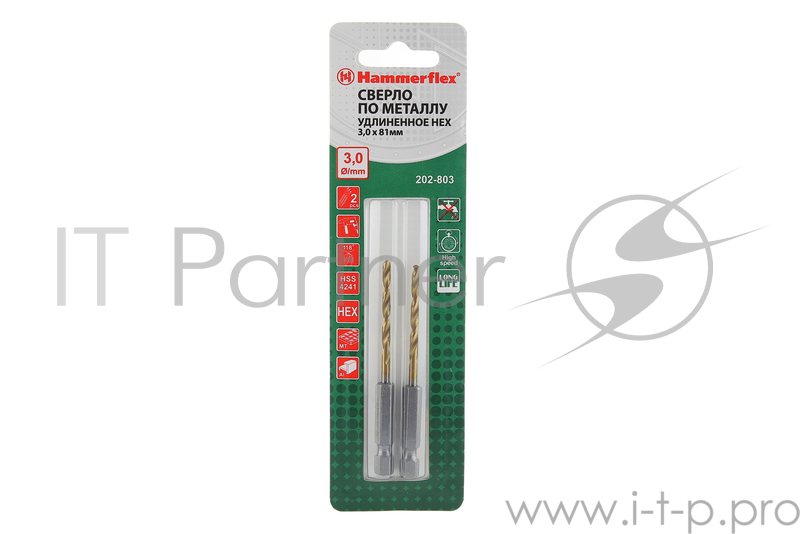Сверло HAMMER Flex 202-803 DR MT 3,0мм*81 тип хвостовика - HEX, металл, HSS-4241, TIN, 2шт.