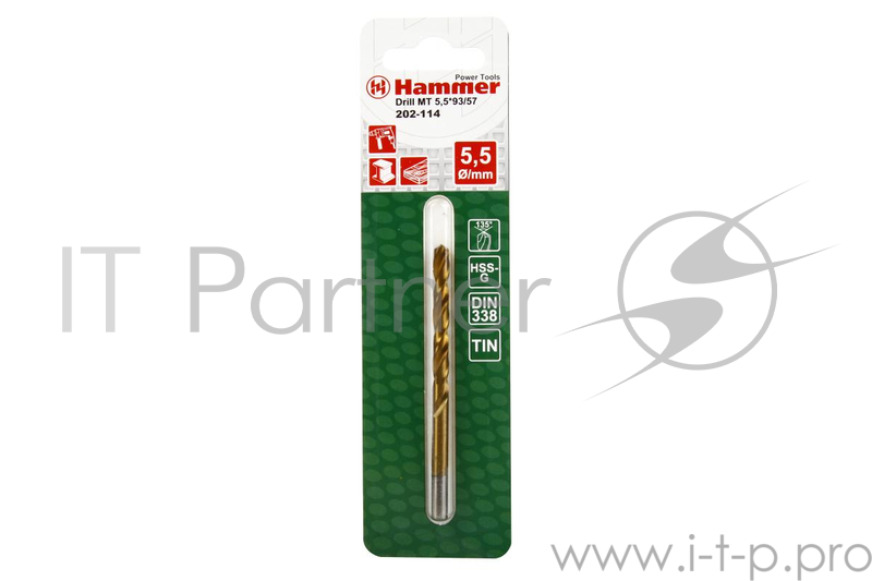 Сверло HAMMER Flex 202-114 DR MT 5,5мм*93/57мм металл, DIN338, HSS-G, TIN