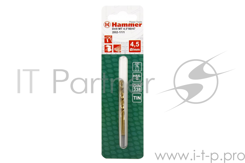 Сверло HAMMER Flex 202-111 DR MT 4,5мм*80/47мм металл, DIN338, HSS-G, TIN