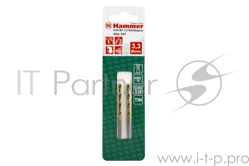 Сверло HAMMER Flex 202-107 DR MT 3,3мм*65/36мм металл, DIN338, HSS-G, TIN, 2шт.