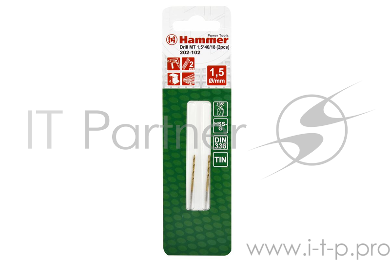 Сверло HAMMER Flex 202-102 DR MT 1,5мм*40/18мм металл, DIN338, HSS-G, TIN, 2шт.