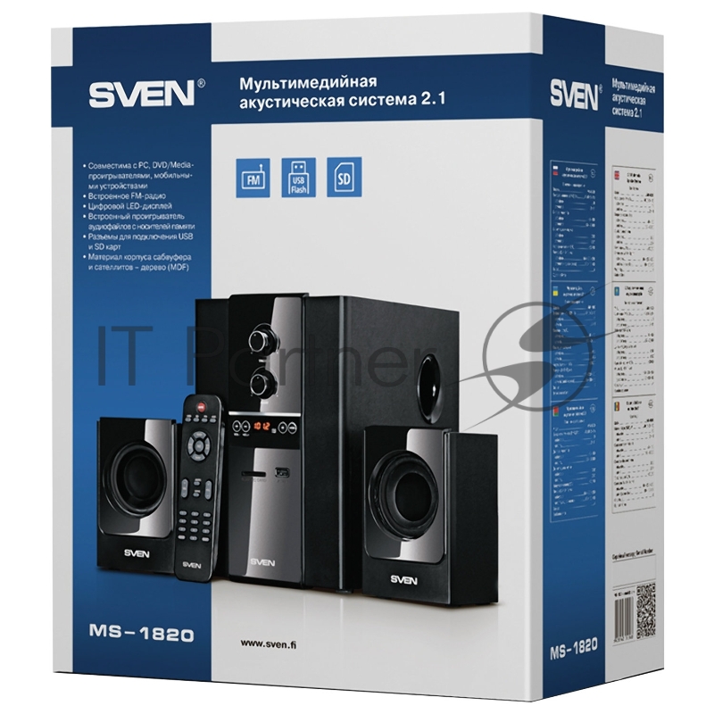 Колонки SVEN MS-1820, черный {RMS, 18Вт+2х11Вт, FM-тюнер, USB/SD, дисплей, ПДУ}