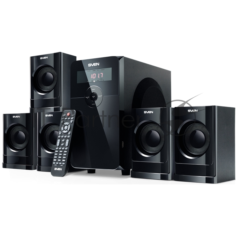 Колонки SVEN HT-200 черный {5.1, 5х 20Вт + 12Вт , FM-тюнер, USB/SD, дисплей, пульт ДУ}