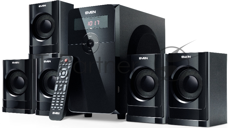 Колонки SVEN HT-200 черный {5.1, 5х 20Вт + 12Вт , FM-тюнер, USB/SD, дисплей, пульт ДУ}