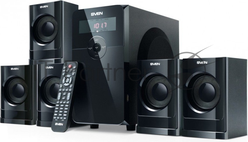 Колонки SVEN HT-200 черный {5.1, 5х 20Вт + 12Вт , FM-тюнер, USB/SD, дисплей, пульт ДУ}