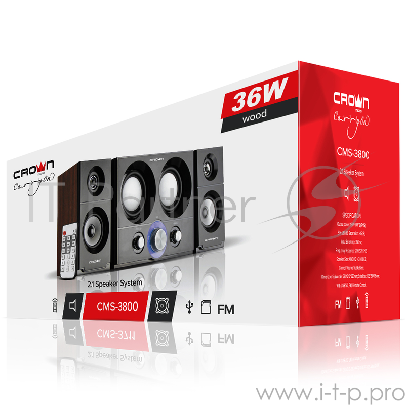 Колонки Акустическая система 2.1 CROWN CMS-3800 (16W+10W*2 (RMS)=36W приёмник FM картридер интерфейс USB IR пульт)
