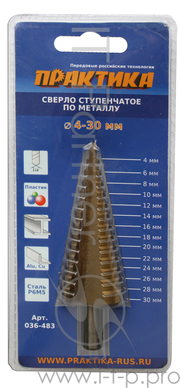 Сверло ступенчатое ПРАКТИКА 036-483 4-30мм, шаг 2мм