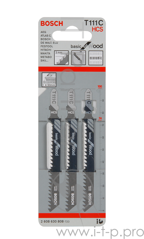 Пилка для лобзика BOSCH T111C (2.608.630.808) мягк.деревопластик, быстро, 100мм, шаг 3.0, HCS, 3шт