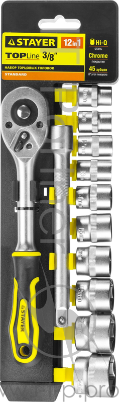 Набор головок STAYER 27752-H12 standard: 3/8 на пластиковом рельсе трещотка удлинитель 10-24мм 12ш