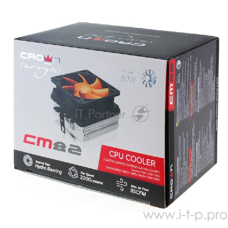 вентилятор CROWN Кулер для процессора CM-82 (Для Intel и AMD,TDP до 80 Ватт ,Гидродинамический подшипник, Размер: 120*84*72 мм)