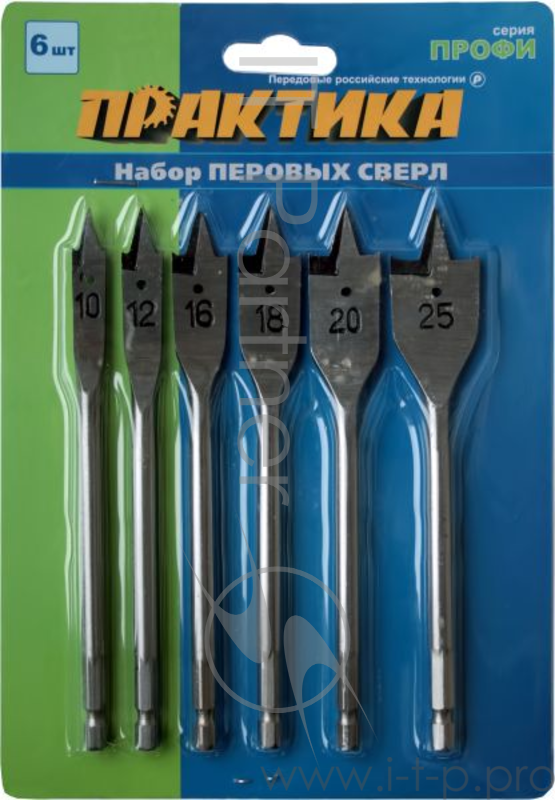 Набор сверл ПРАКТИКА 774-368 дерево, перовые, 6шт.: 10,12,16,18,20,25мм